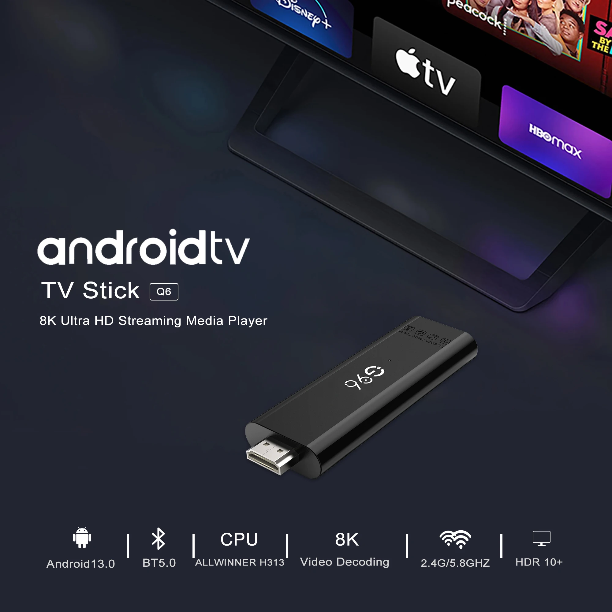 Smart Tv Stick Q6 G96 4k Hdr10 + Google Assistant Dual Wi-fi Android 13 Медиаплеер Netflix Youtube Поддержка