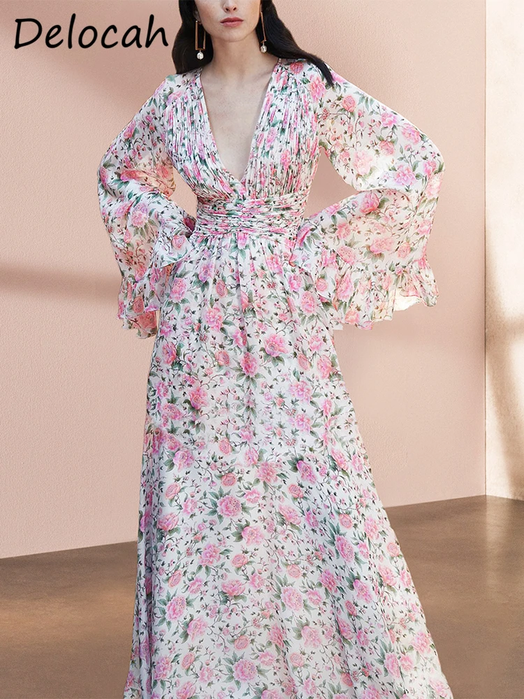 Delocah High Quality Spring Women Fashion Designer Maxi Dress Flare Long Sleeve High Waist Draped Flower Printed Holiday Dresses