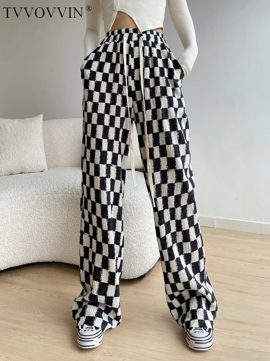 WOMENGAGA Street Spicy Girls Chessboard Checkered Pants Spring and Autumn Casual Straight Leg Pants Loose Sweatpanti YJTF