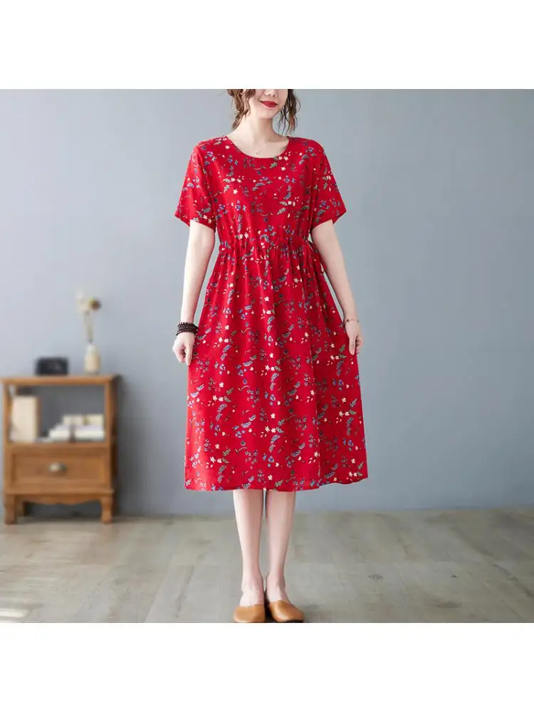

New 2022 Summer Women Literary Artistic Retro Printed Cotton Linen Long Dress Casual Loose Elastic Waist O-neck Dresses M102