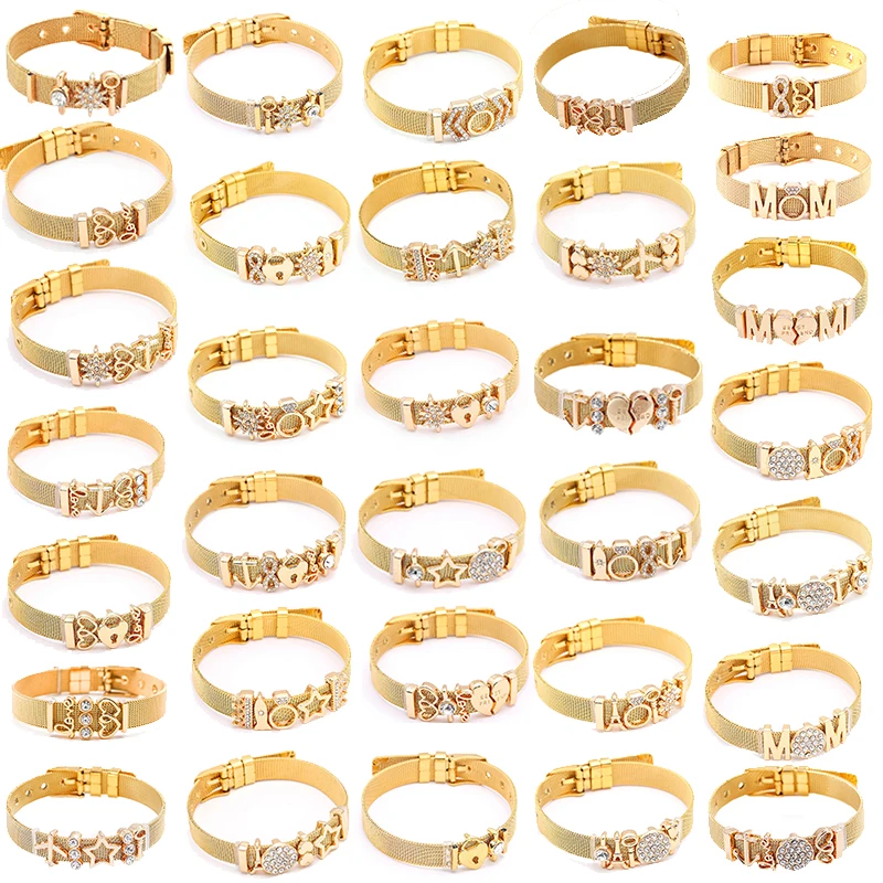 

New Arrival Golden 10mm Stainless Steel Mesh Bracelet With Heart Lock Charm Slide Beads For Women Men Fashion Crown Jewelry Gift