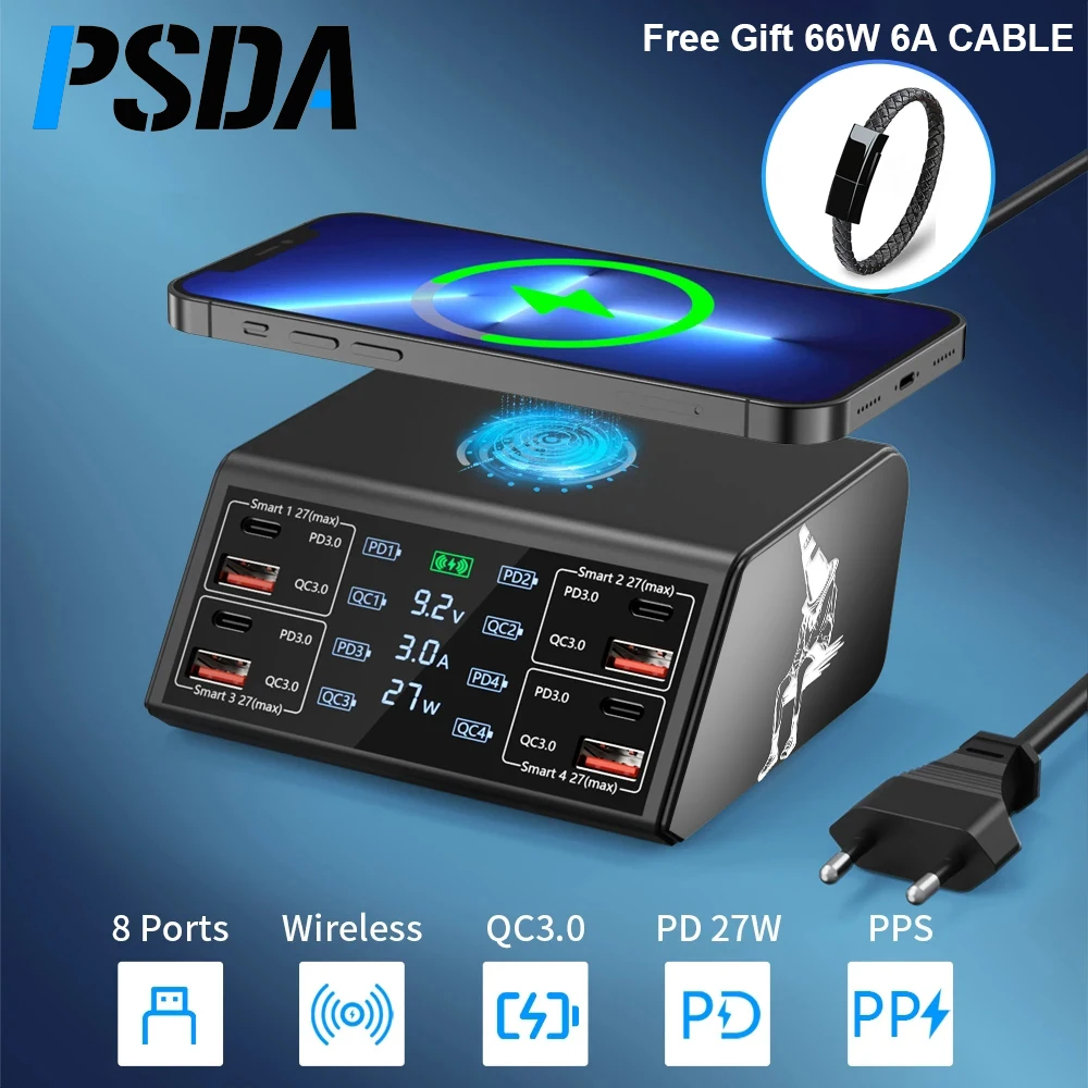 

PSDA 3D 100W 8 Port USB Charger PD QC3.0 USB C Fast Phone Charger Qi Wireless Charger Charging Station For iPhone Xiaomi Samsung