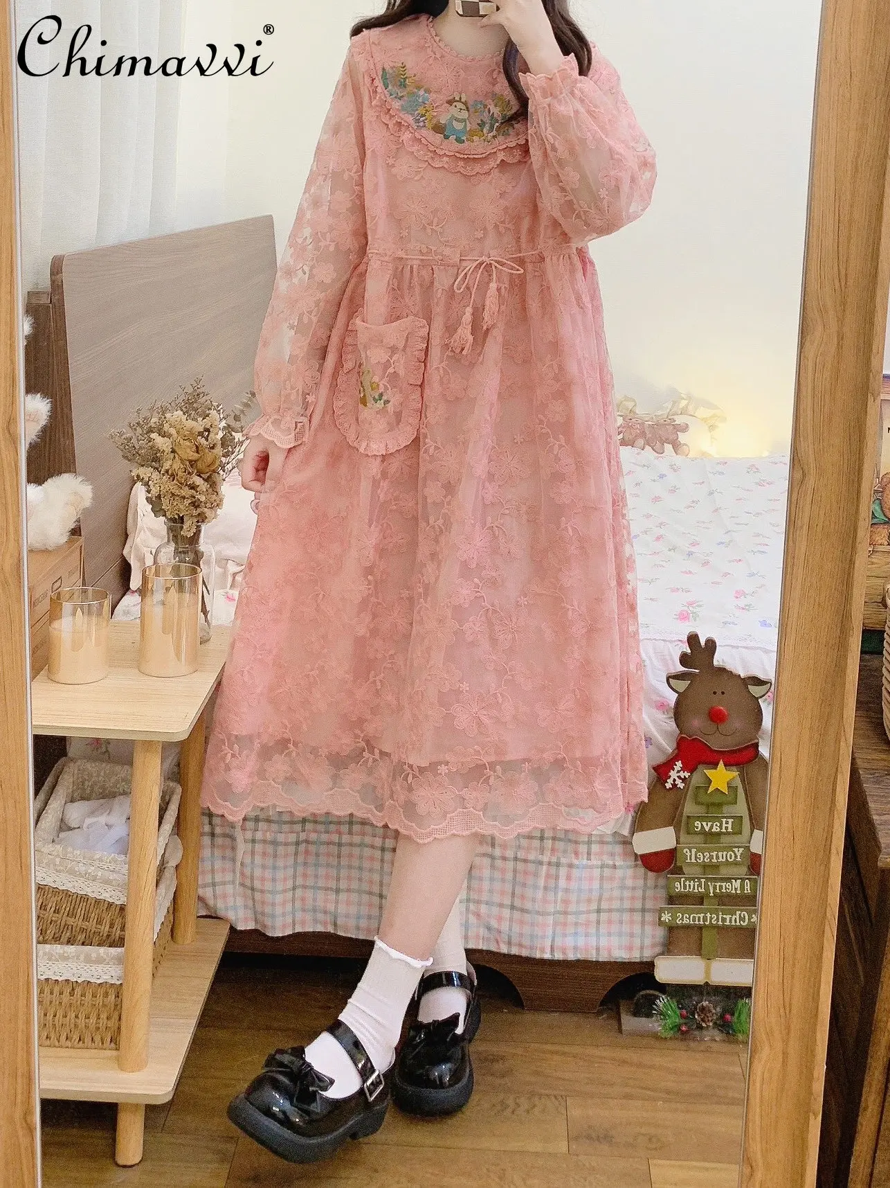 

Mori Style Retro Fungus Lacework Round Neck Lace Dress Fashion Girl Pink High Waist Loose Dresses Sweet Elegance Dress Summer