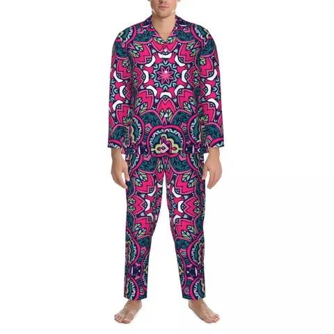 Пижамный комплект в ретро стиле с принтом в богемном стиле, осенняя модная повседневная одежда для сна с розовой мандалой для мужчин, 2 предмета, повседневная одежда для сна большого размера