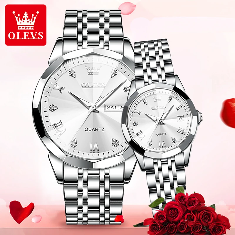 OLEVS 2023 New Trendy Couple Watch Fashion Blue Dial Waterproof Wear Resistant Stainless Steel Strap Quartz Watch Luminous Hands