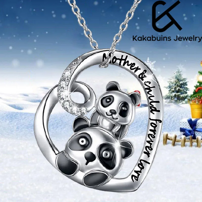 

Imitation Silver Mother and Child Panda Heart Necklace Fashion Cute Pendant High Quality Jewelry Accessories Wholesale