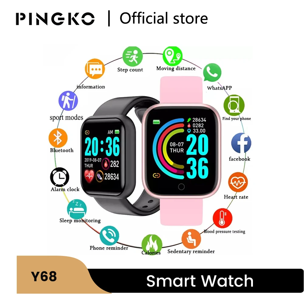 

PINGKO Y68 Smart Watch Heart Rate Blood Pressure Blood Oxygen And Sleep Monitoring Multi-Function Reminder For Adults Smartwatch