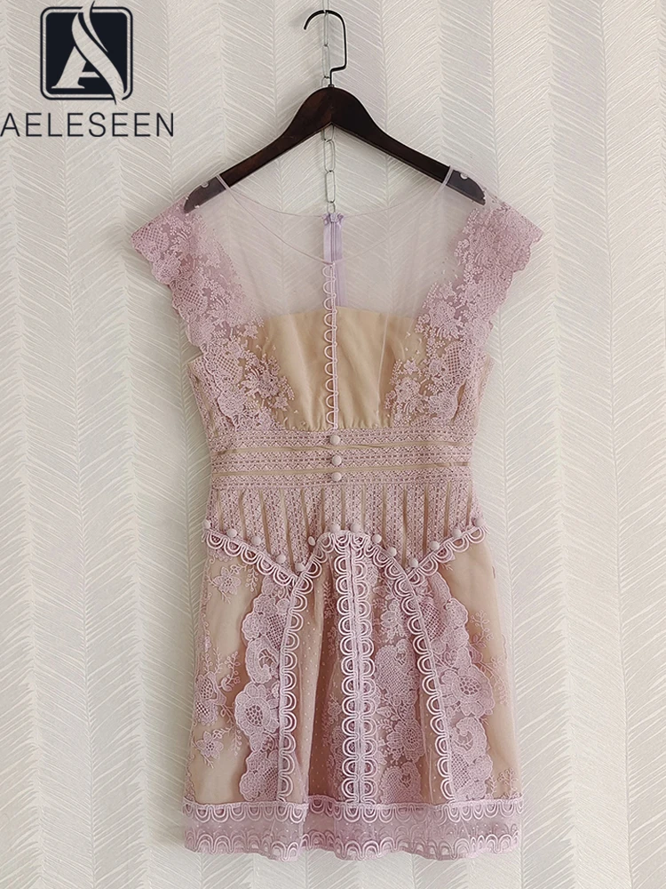 

AELESEEN Women Pink Lace Dress Runway Fashion Spring Summer Sleeveless Flower Embroidery Hollow Out Ruffles Mini Party Vacation