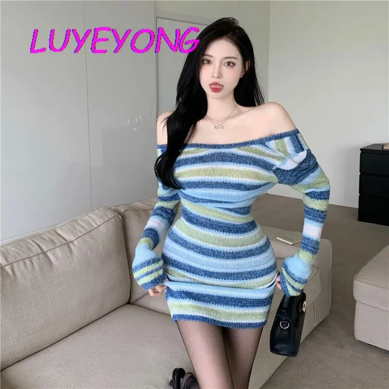 

Корейская модная ткань Y2k для девушек, эластичное платье с U-образным вырезом и воротником-лодочкой, мини-платья с длинным рукавом и открытой...