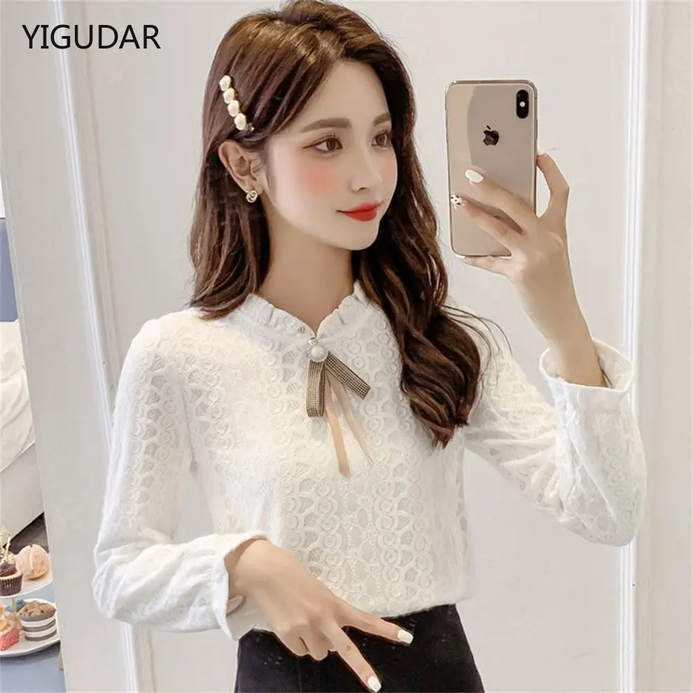 Autumn Elegant Bottoming Shirts for Women Stand Collar Ruffled Blouse with Lace Long Sleeve Slim Vintage Shirt Chiffon Top
