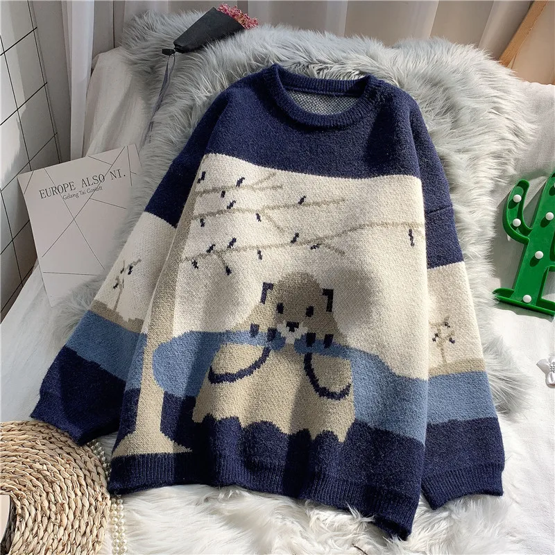 

EBAIHUI Cartoon Sweaters 2022 Autumn Winter O Neck Thick Pullover Long Sleeve Kawaii Women Knitted Jumpers Oversized Sweater