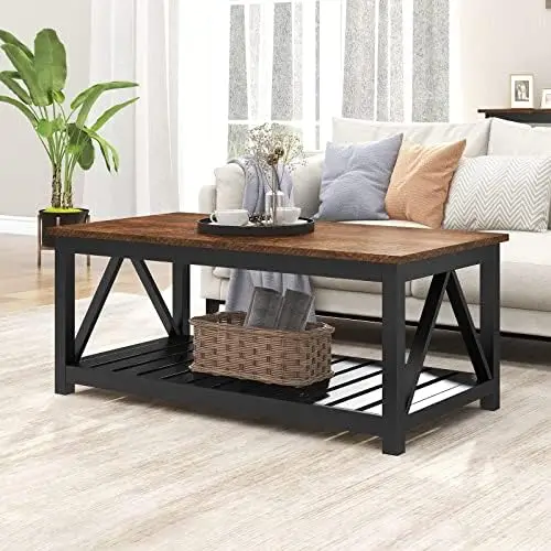 

Coffee Table, Rustic Vintage Living Room Table with Shelf, 40 Espresso