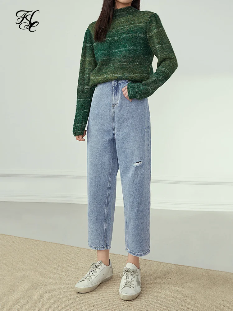 

FANSILANEN High Waist Ripped Straight Jeans Women Denim Casual Streetwear Vintage Jeans Autumn Winter Female Oversize Blue Pants