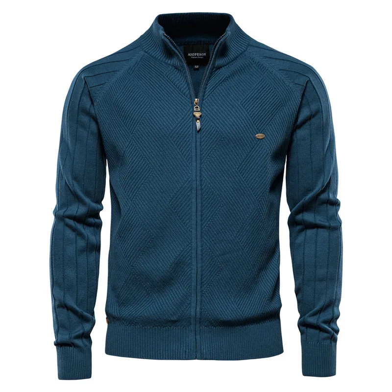 

2022 Autumn Winter Men's Sweater Solid Color Lapel Jacquard Turtleneck Zipper Coat Warm Casual Dark Blue Knitwear Cardigan