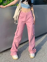 houzhou y2k pink cargo jeans women vintage egirl streetwear oversize flap pocket beige wide leg denim pants harajuku trousers