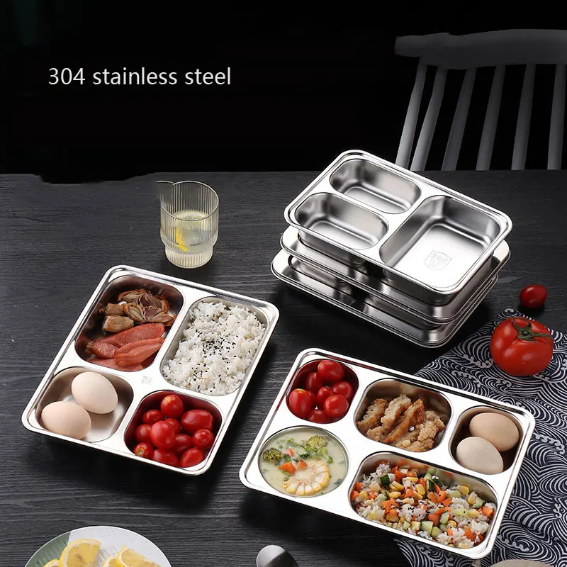 

304 Stainless Steel Dinner Plate Divided Lunch Box with Lid Adult Children's School Canteen Factory Rice Plate Kitchen Supplies