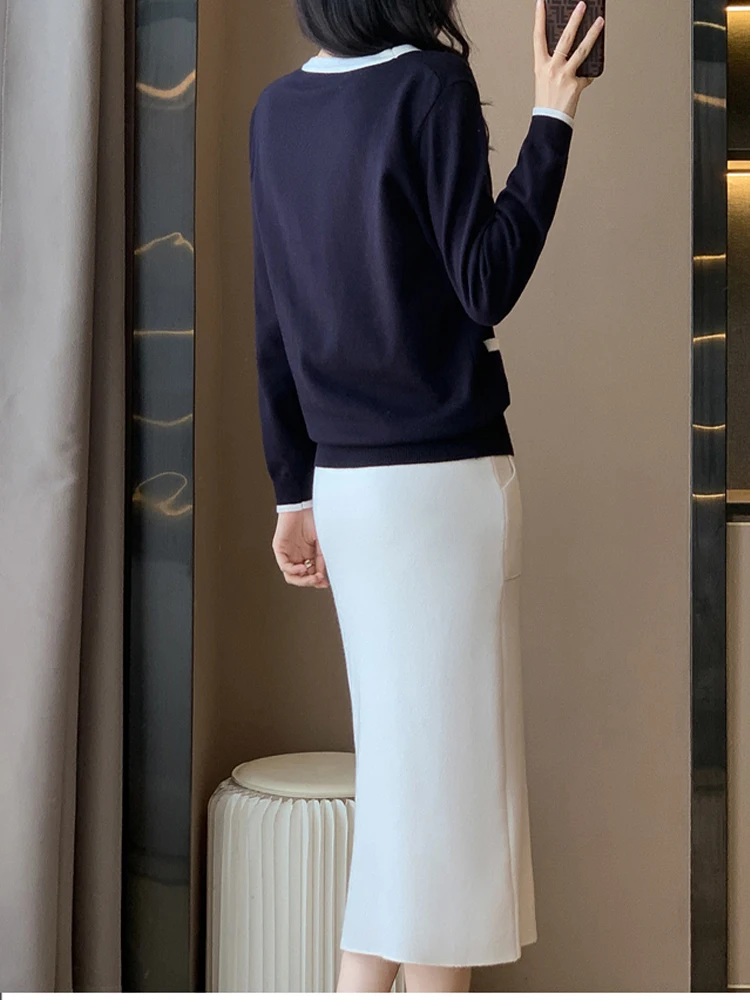 Высококачественный вязаный свитер с круглым вырезом + юбка разрезом комплект из