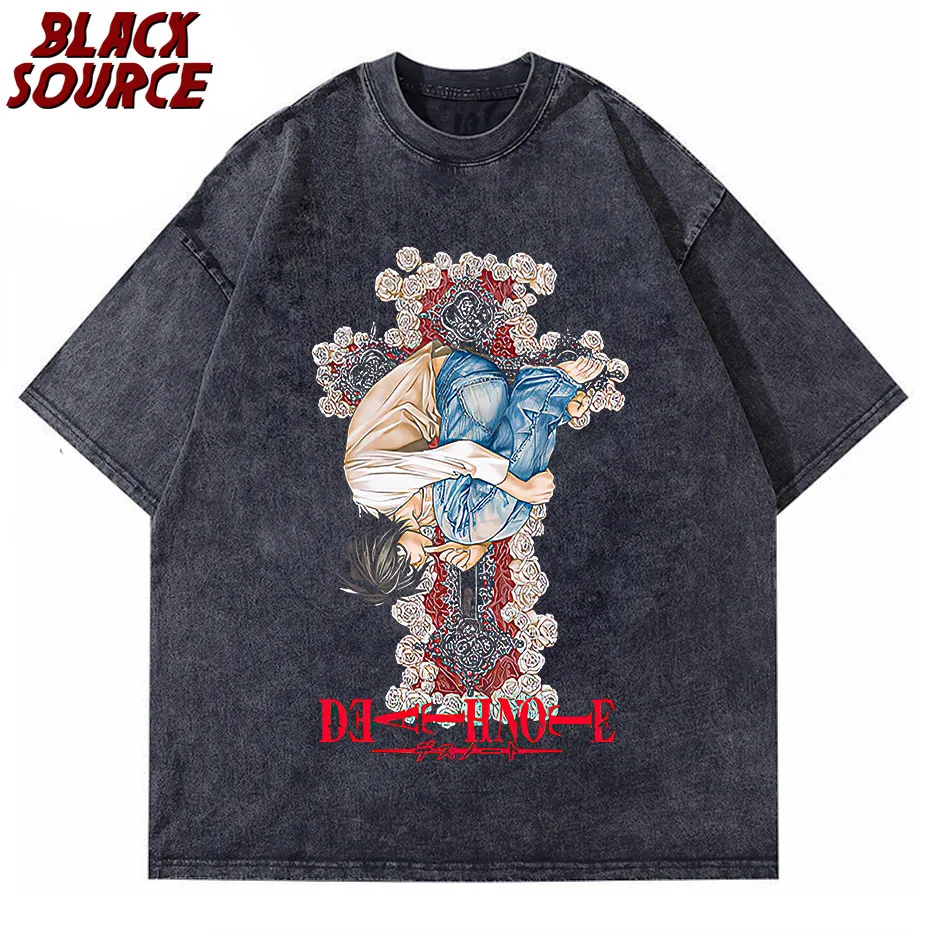 

Anime Death Note Printed T-shirts Streetwear Vintage Washed Yagami Light Misa T Shirt Short Sleeve Tops Tees Men Oversized Manga