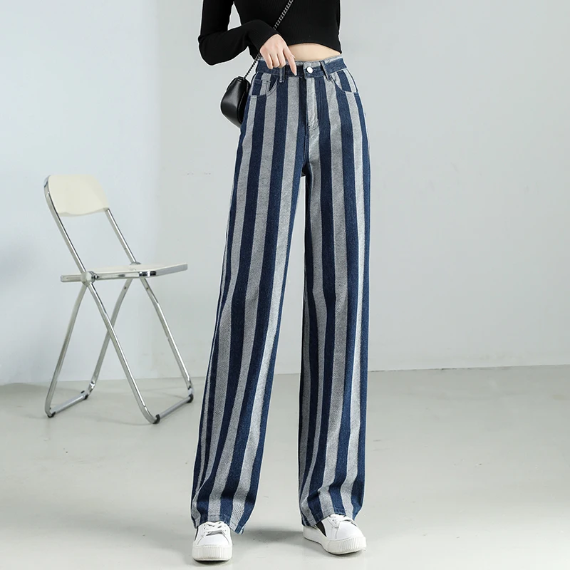 

High Waist y2k jeans for women's fashion tide ins baggy thin Denim Trouser woman blue white Vertical stripes Girl Wide Leg pants