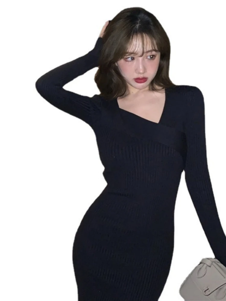 

Half Open Collar Sweaters Long Sleeves Dresses Women Party Pullovers New Autumn Winter Button Skirts Ladies Female Clothing T358