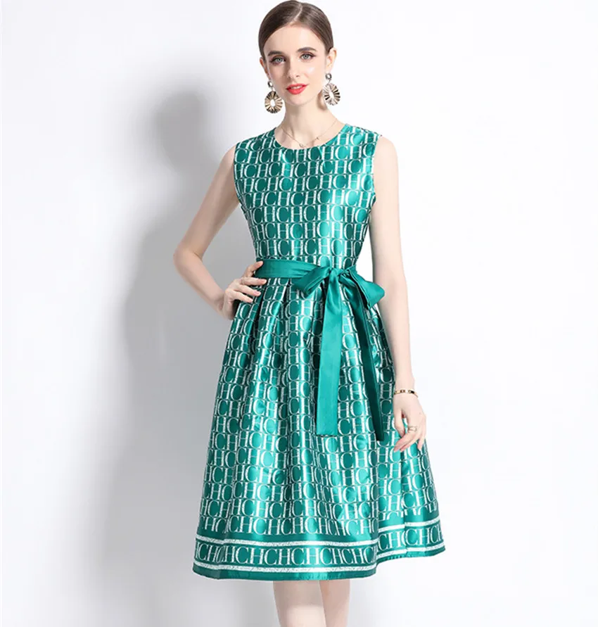 

New Runway Fashion Summer Green Letter Print Dress Vintage Women O Neck Sleeveless Tank Lace Up Belt High Waist Party Vestidos