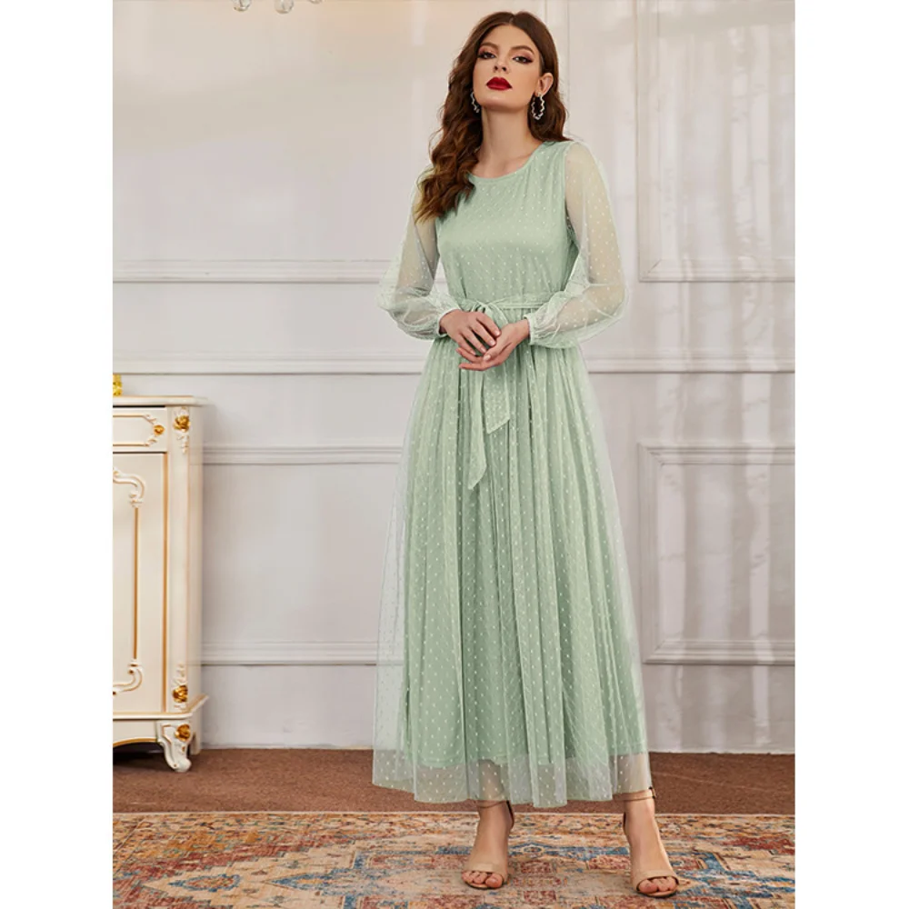 Womens Dress 2023 Spring Autumn New Fashion Casual Round Neck Stitching Gauze Dress Vestidos Elegantes Para Mujer