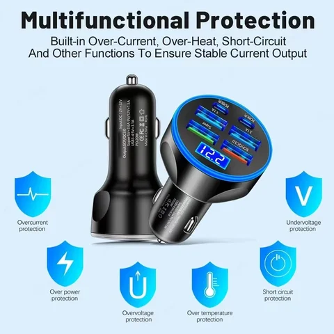 Автомобильное зарядное устройство USB C адаптер 4 USB A и 2 PD Сверхбыстрая зарядка с монитором напряжения для iPhone Samsung Huawei Vivo OPPO Oneplus