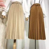 high waist women skirt casual vintage solid belted pleated midi skirts lady 9 colors fashion simple saia mujer faldas