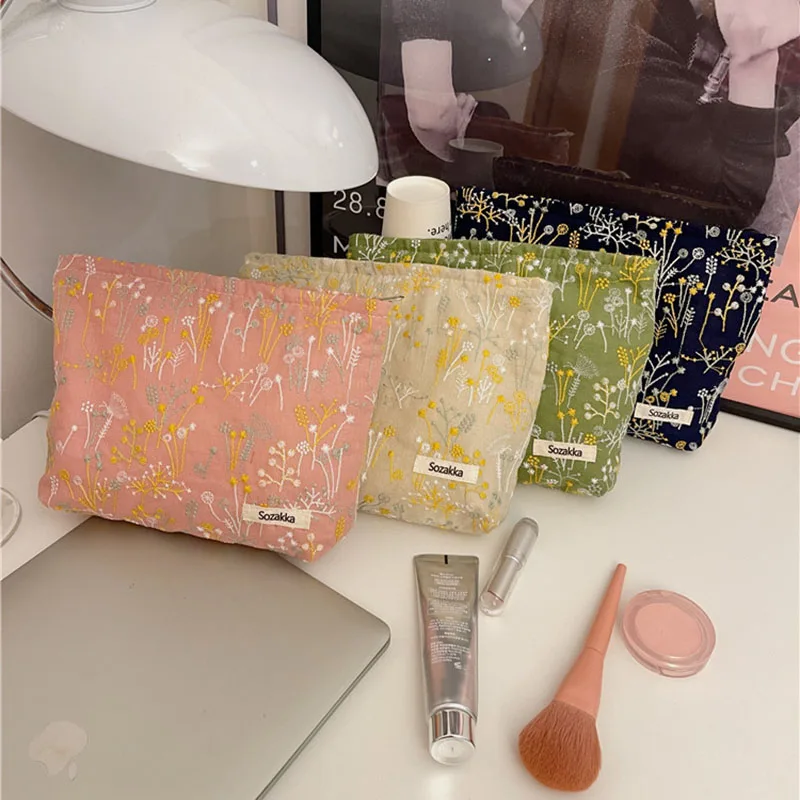 

Korean Embroidery Cosmetic Makeup Case Organizer Pouch Travel Canvas Toiletry Make Up Pencil Cases Women Floral Cosmetic Bag