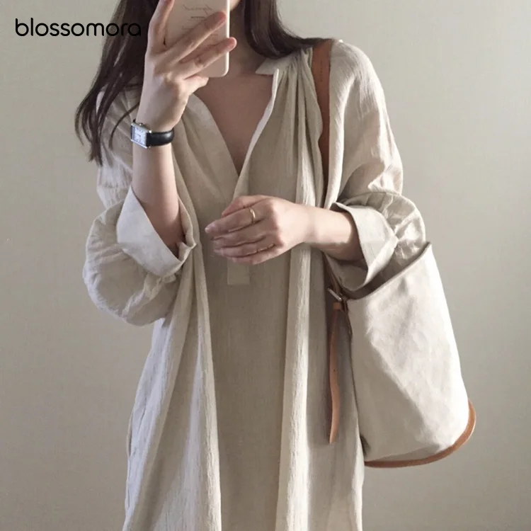 

CUPNICE Cotton Linen Loose Solid Color Robe Maxi Dress Vintage O-neck Streetwear Casual Long Dress Summer Vestidos Women 2022