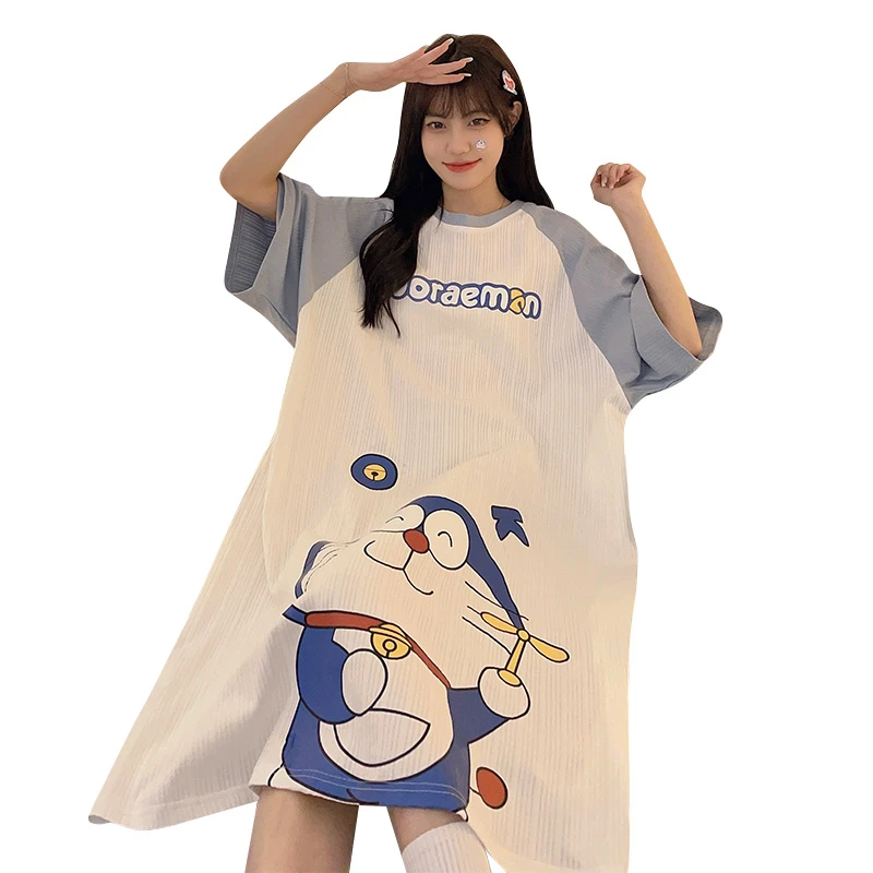 Summer Women Nightgown Pajamas Cartoon  Anime Doraemon Nightdress Cute Sleepwear Girl Pijamas Mujer  Women Leisure Homewear