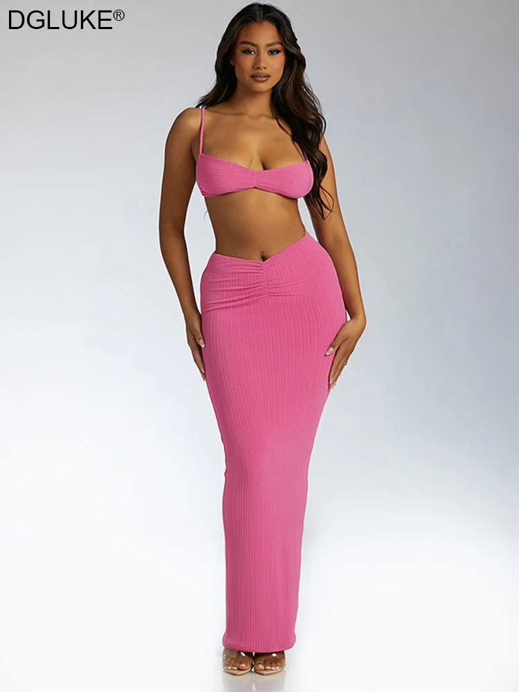 

Summer Two Piece Sets Womens Outfits Crop Top And Maxi Skirts Sets Elegant Sexy Festival Outfits Holiday Vacation Mathing Set
