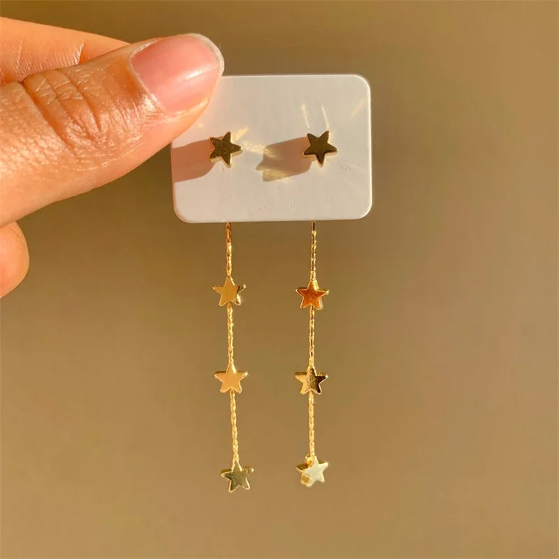 

Sterling Silver Gold Stars Dangle Drop Earrings| Gold Star Earrings| Celestial Tassel Earrings| Double Sided Two-way Star Ea