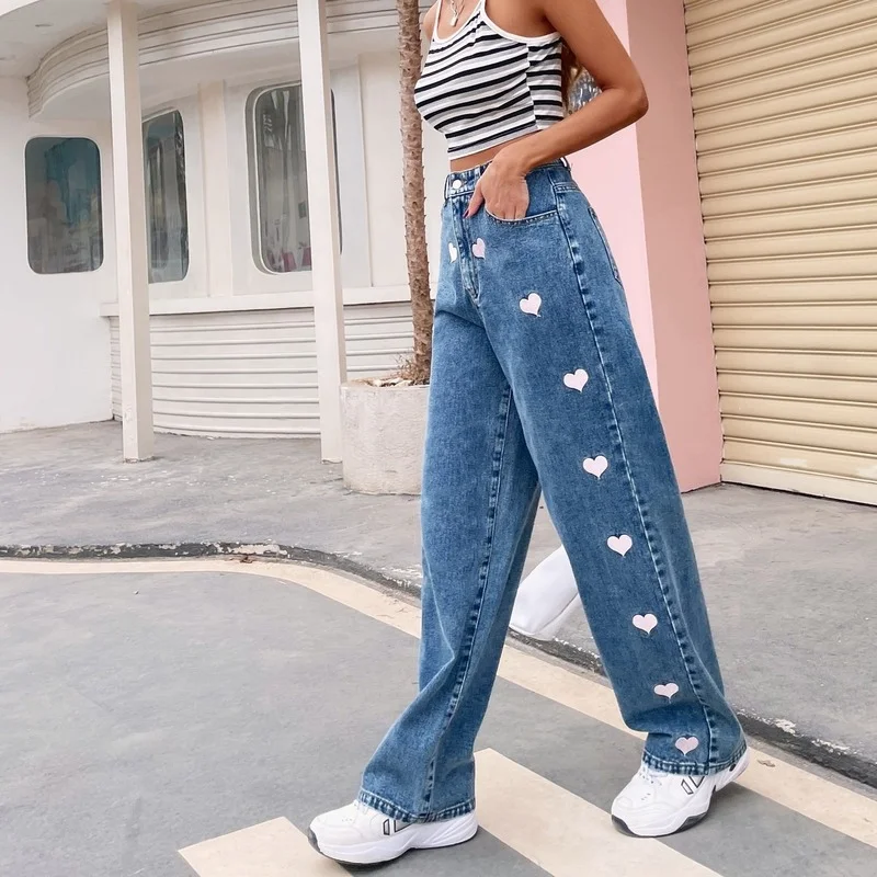 Love Indie Printed Wide Leg Jeans Women Harajuku Wild High Waist Straight Jeans with Pocket Spring Autumn Casual Sweet Trousers