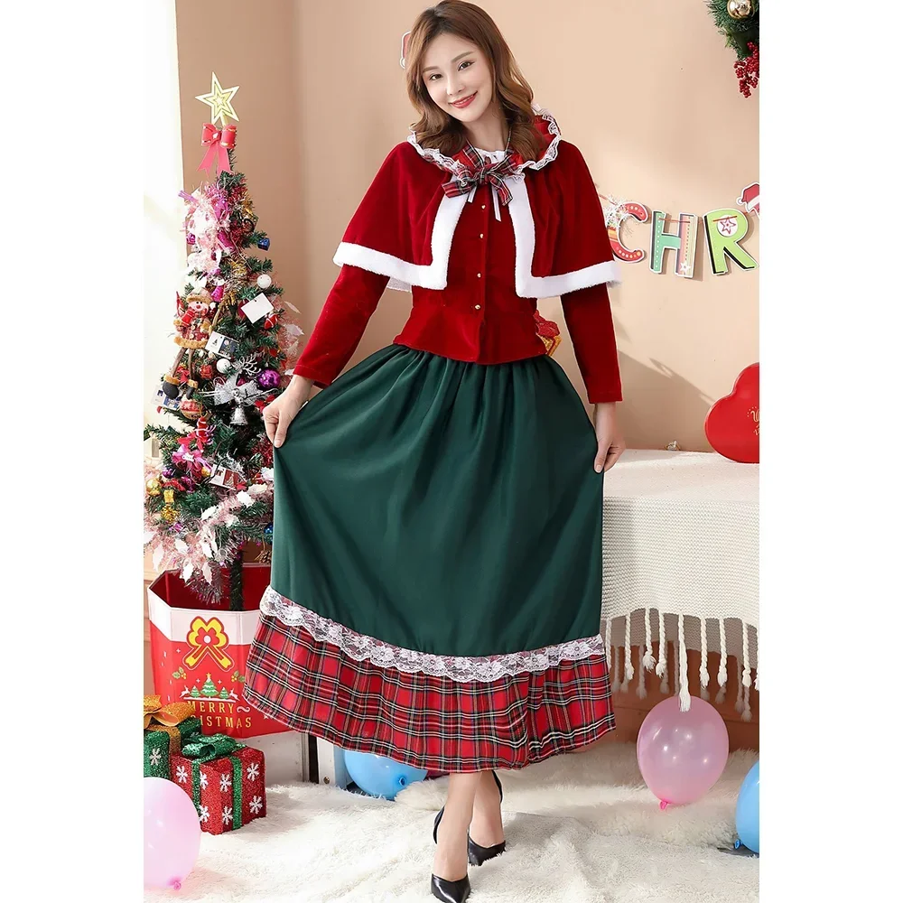

Christmas Shawl Plaid Fluff Dress Set Santa Costume Christmas Long Dress Christmas Holiday Party Performace Role play Outfits