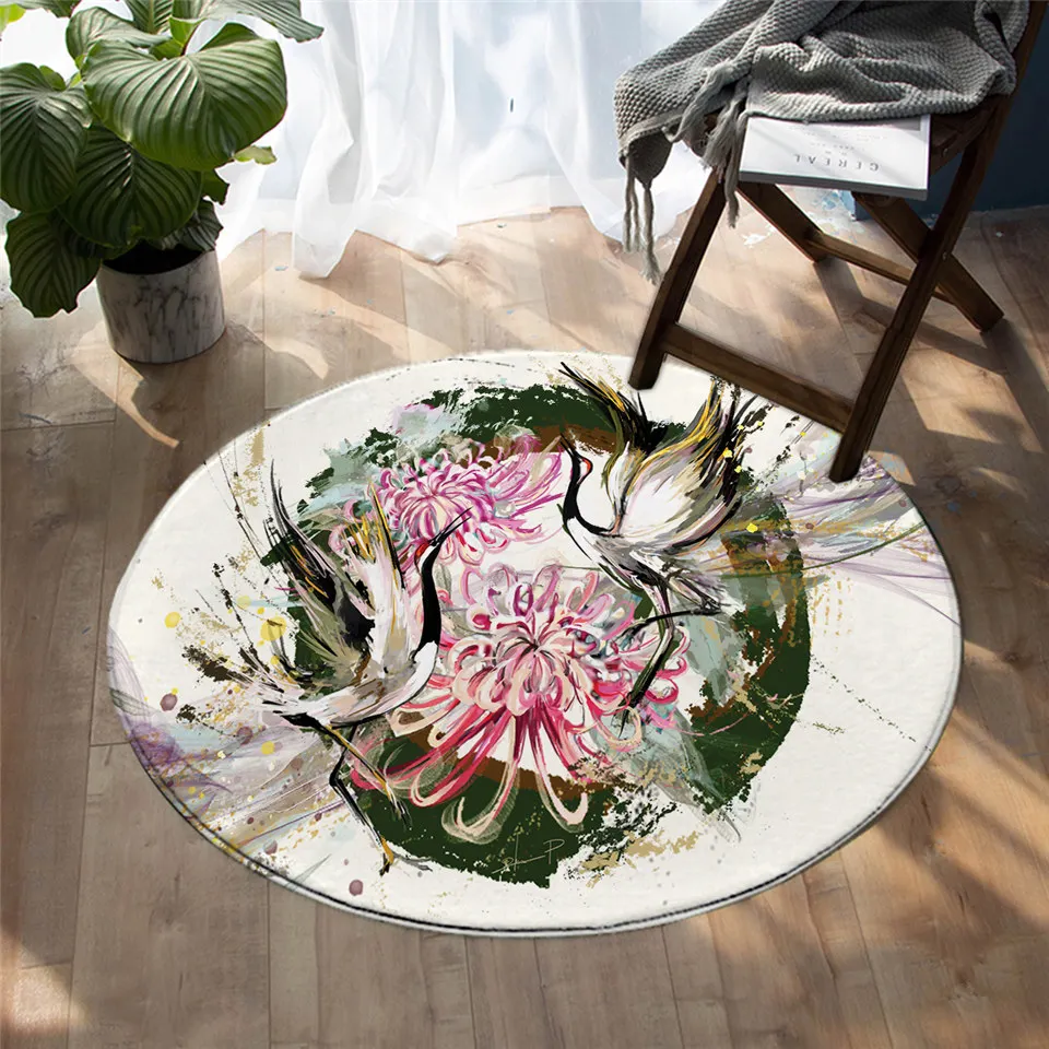 

Bird by Jp.pemapsorn Bedroom Carpets Crane Round Area Rug for Living Room Watercolor Art Floor Rug Chrysanthemum Flower Play Mat