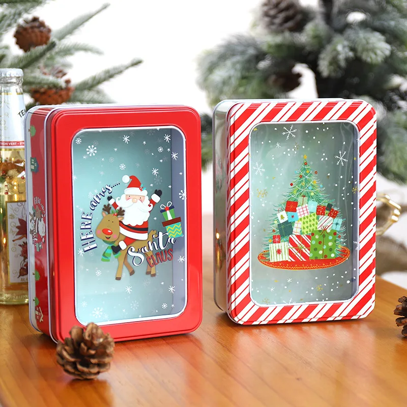 

1PC Packaging Tin Box Merry Christmas Santa Claus Snowmen With Clear Window Party Event Candy Cookies Favors New Year Gift