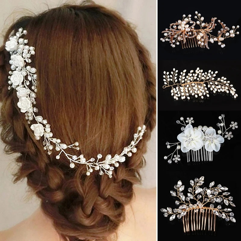 Western Wedding Fashion Headdress For Bride Handmade Wedding Crown Floral Pearl Hair Accessories Hairpin Ornaments