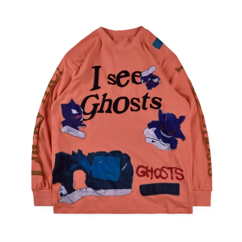 

Hidden Kanye West Lucky Me KIDS SEE GHOSTS Men Sweatshirts Crewneck Hoodie Embroidery Badge Magpie Streetwear Sweatshirt Top