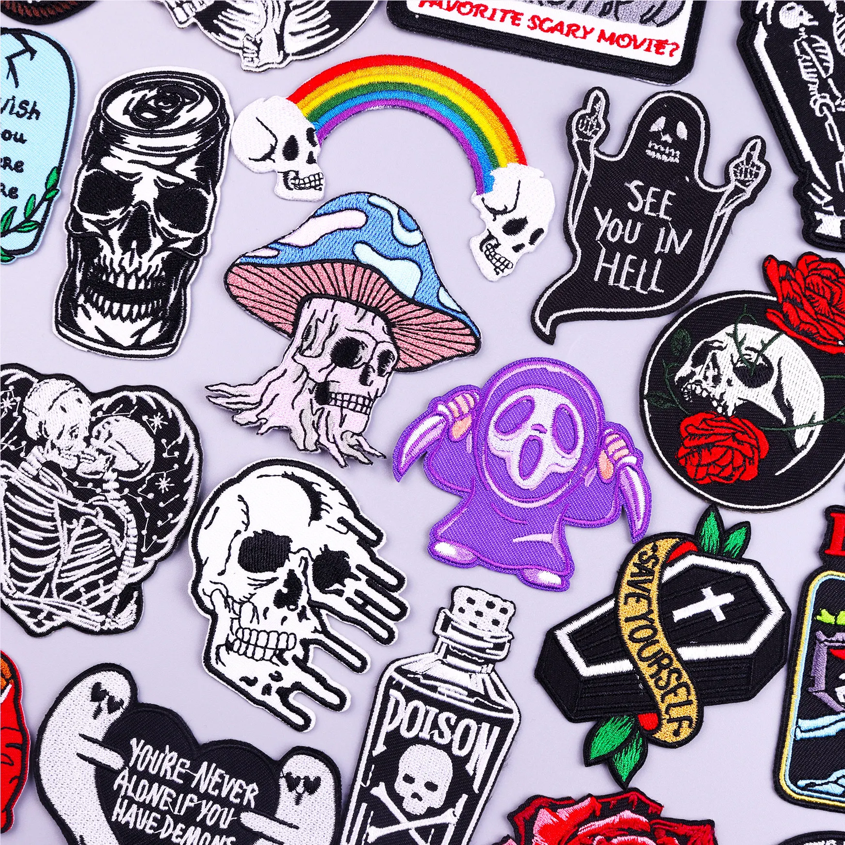 

Skull Mushroom Patch Embroidered Patches For Clothing Thermoadhesive Patches On Clothes Stickers Rainbow Skeleton Biker Patches