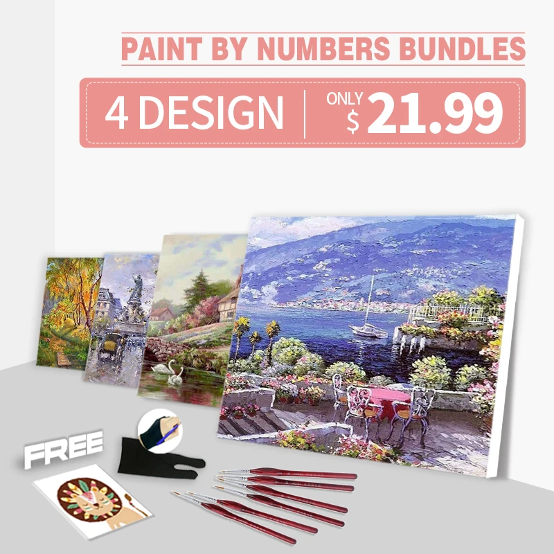 

RUOPOTY 4pc/lot DIY Painting By Numbers 40x50cm Shop in Buddle Landscape Home Decor Coloring By Number Picture Drawing Gift