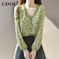 womens spring summer tops korean fashion floral print chiffon blouse femme v neck buttons long sleeve elegant cardigan shirt