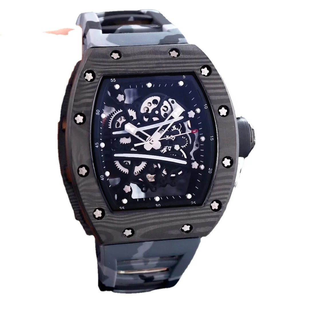 

High-Top Black Rubber Mens Watch Mechanical Automatic Full Black YOHAN BLAKE Carbon Fiber Skeleton Sapphire