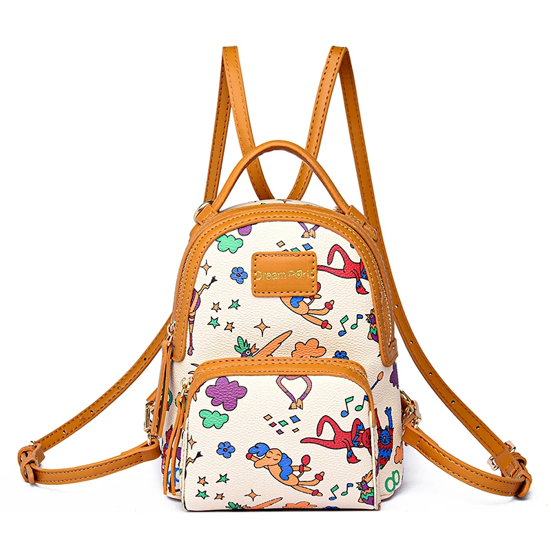 Women Fashion School Small Backpack High Quality PU Leather Cute Printing Ladies Girls Double Shoulder Bag for Travel Shopping