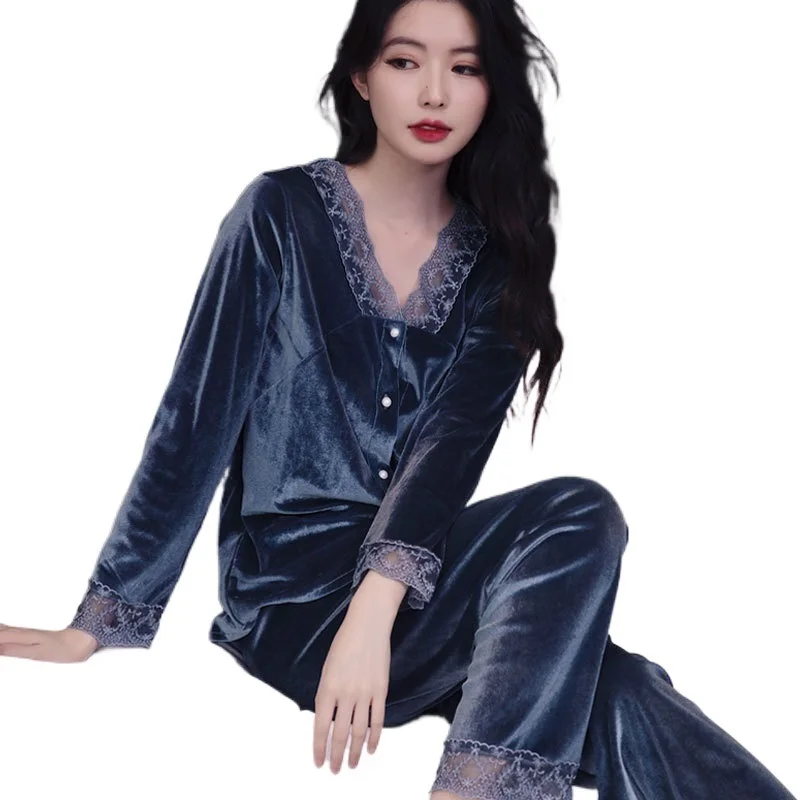 

New Gold Velvet Pajamas Women's Autumn And Winter Long-sleeved Cardigan Lace Korean Version Two-piece Suit Home Wear