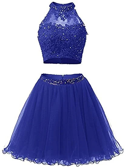 GUXQD 2 Pieces High Neck Homecoming Dresses 1950S Vintage Hollow Back Beading Tulle Short Cute 8th Grade Graduation Dresses