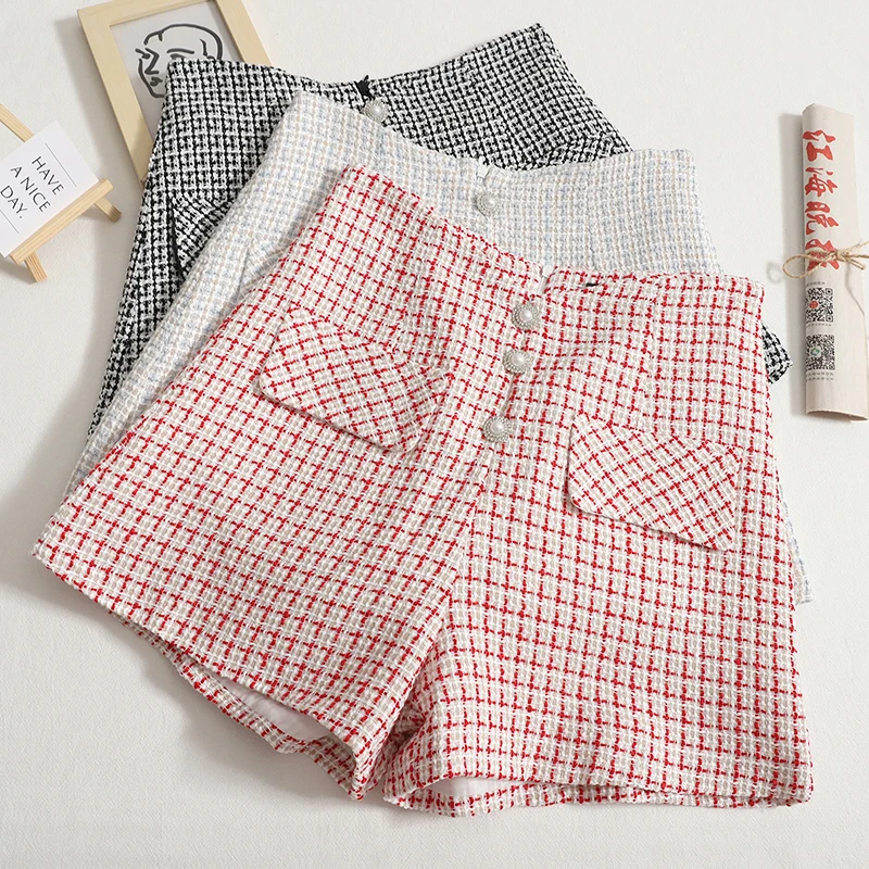 

Autumn and Winter New Korean Version Temperament Plaid Tweed Shorts Women's Fashion High Waist Slim Outer Wear A-line Pants