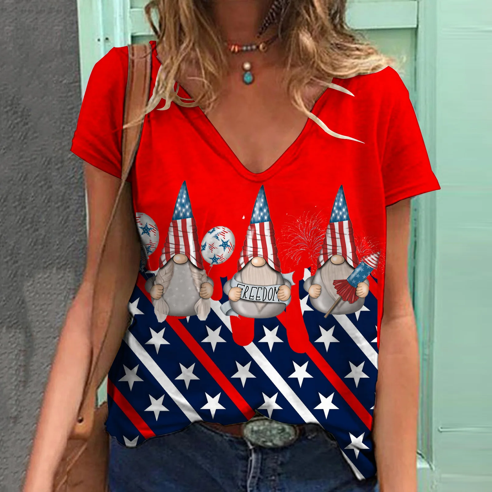 

Женская футболка с принтом флага США, футболка в стиле Харадзюку, летние модные милые топы, футболки с V-образным вырезом, женская одежда американского размера Y2k