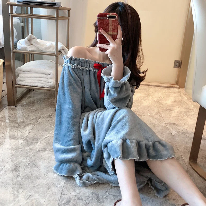 

Nightgowns Women Winter Coral-fleece Warm Solid Princess Bow Korean Loose Long-style Womens Sleepshirts Comfortable Elegant New