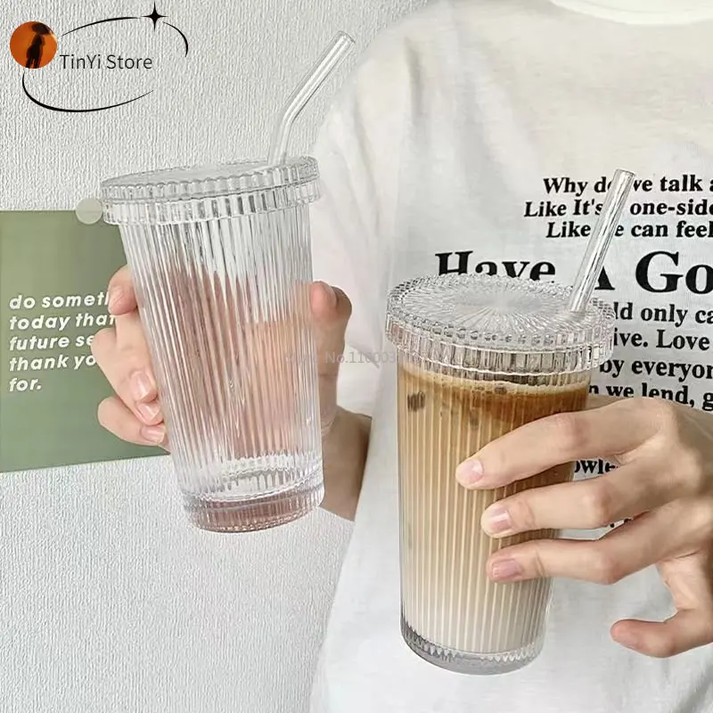 

375Ml Stripe Glass Cup with Lip Straw Japanese Style Cup Chic Milk Coffee Cups with Lid Tea Cup Wedding Gifts Dropship